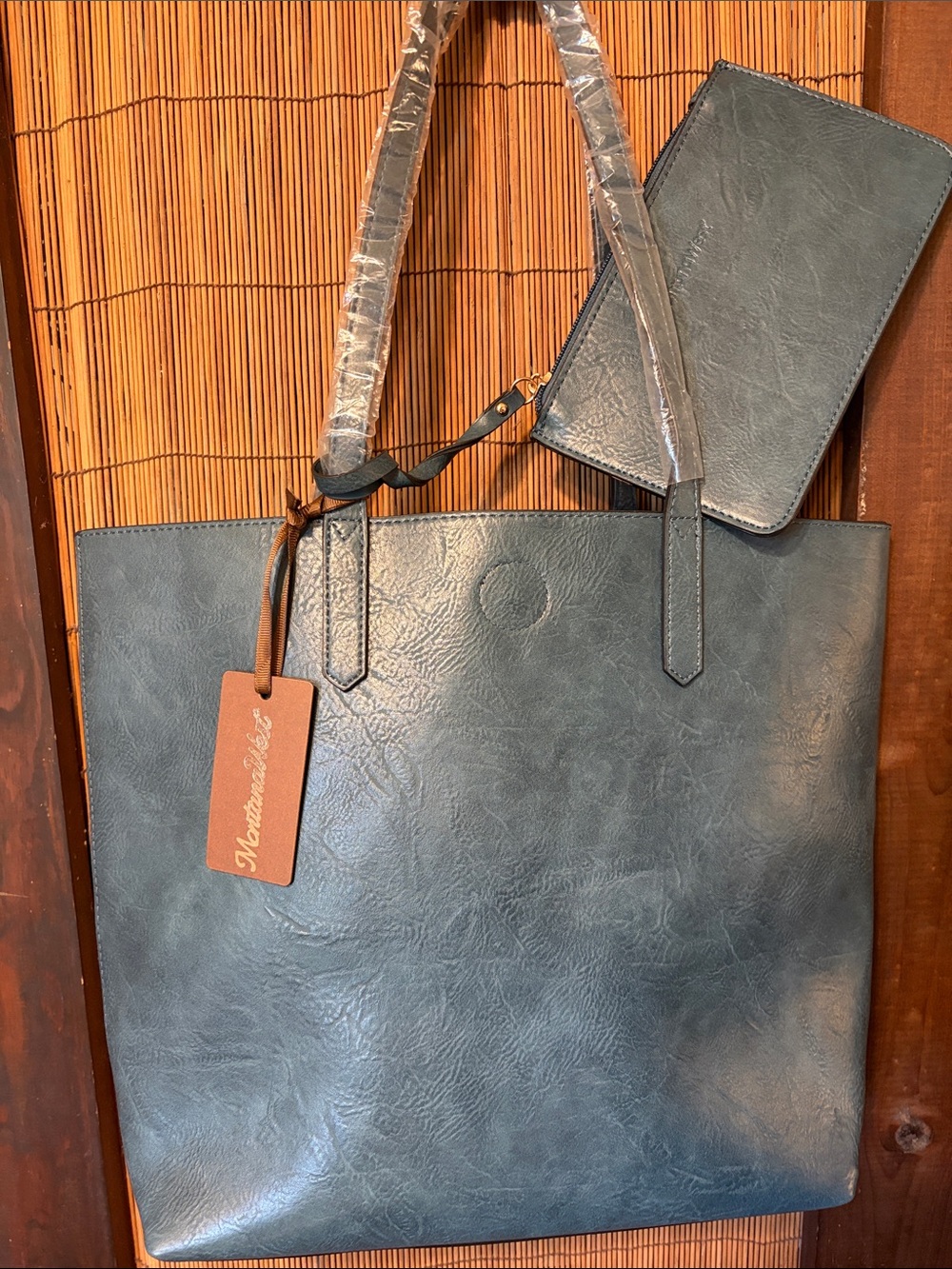Montana West Slate Blue Faux Leather Tote with Matching Wristlet